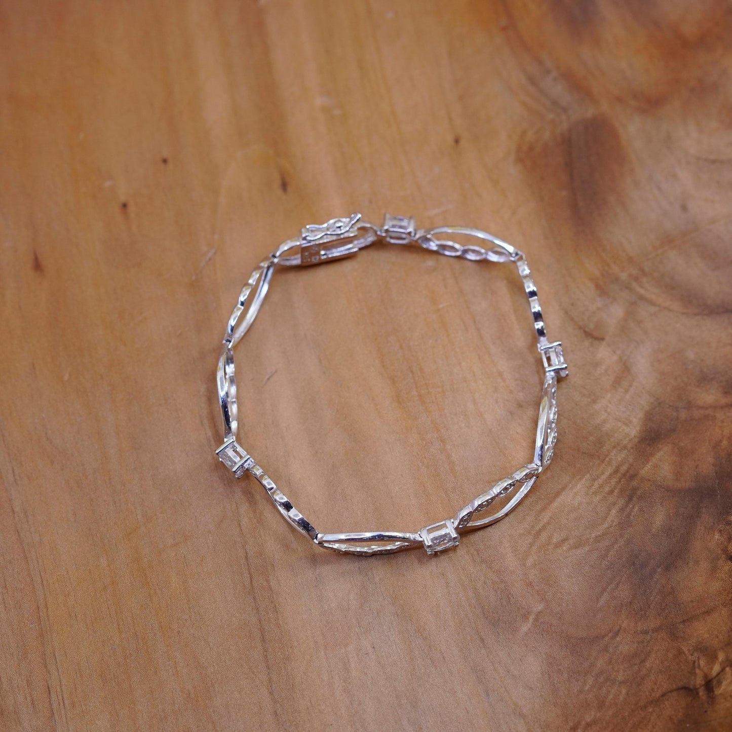 7“, vintage Sterling silver handmade tennis bracelet, 925 oval link with cz