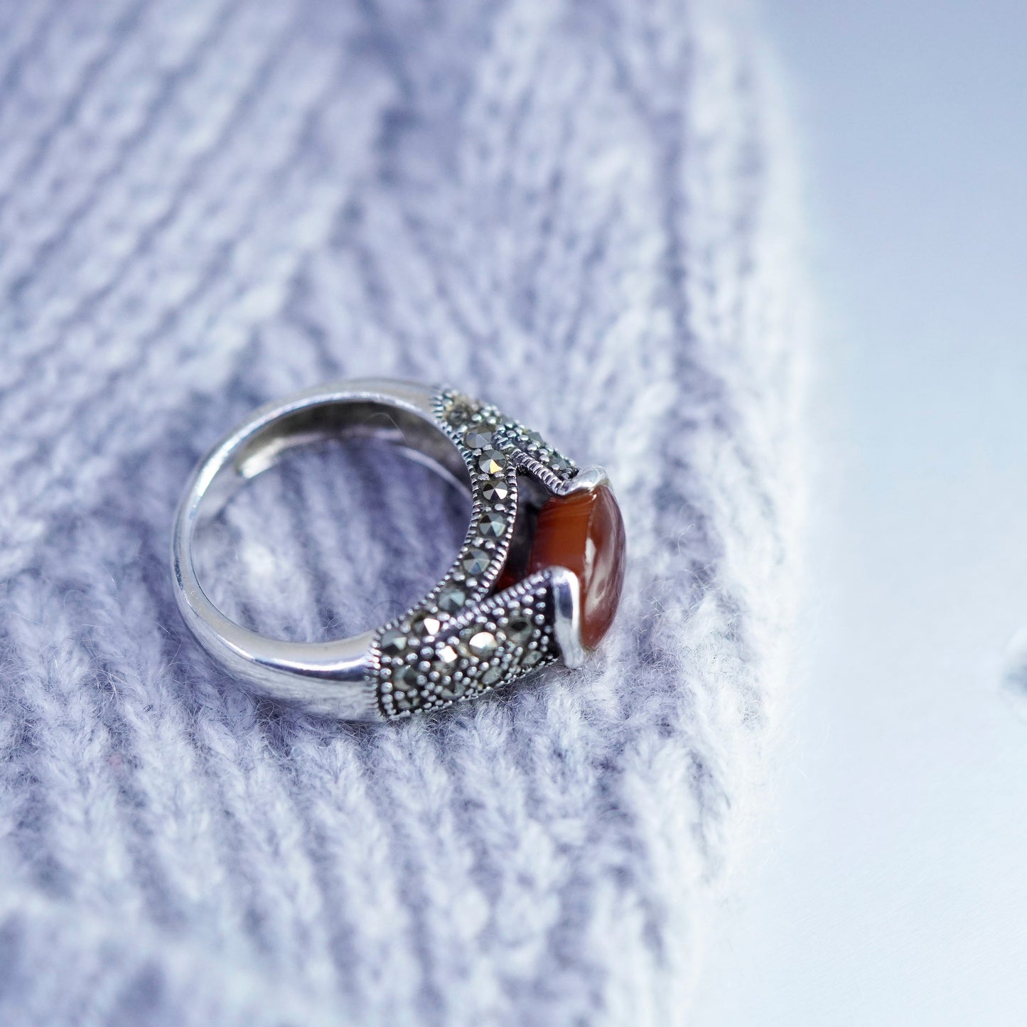 Size 8, southwestern Sterling 925 silver handmade ring band carnelian marcasite