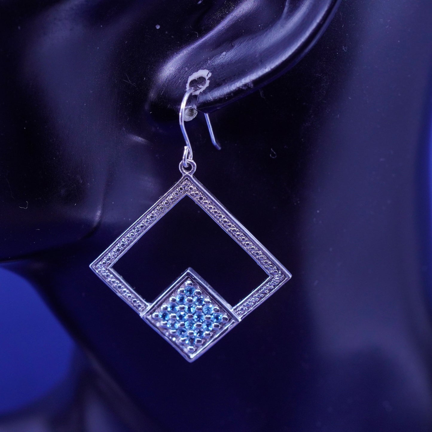 Vintage Sterling silver earrings, 925 square with cluster blue cz