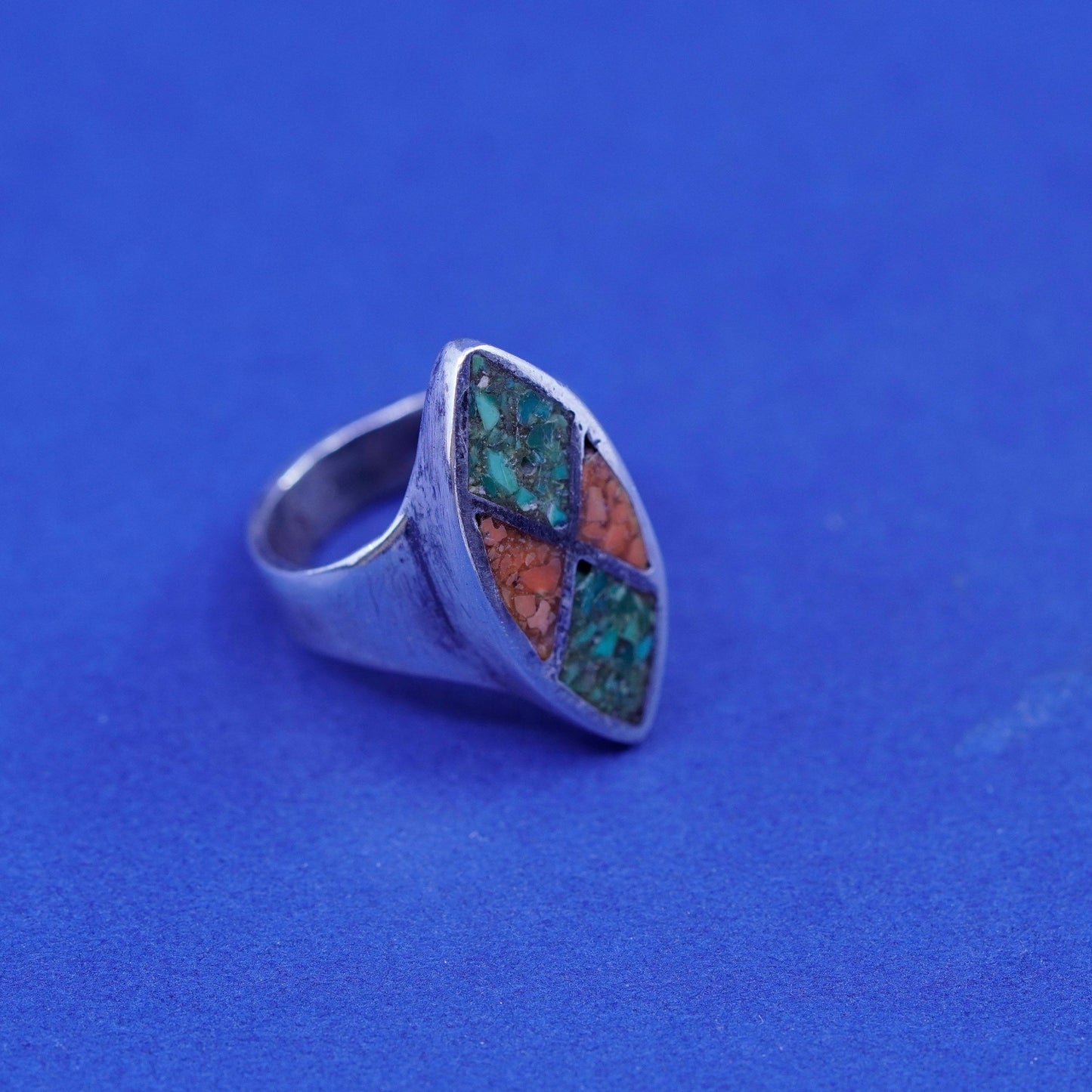 Size 4, Native American sterling silver handmade ring, 925 band turquoise coral