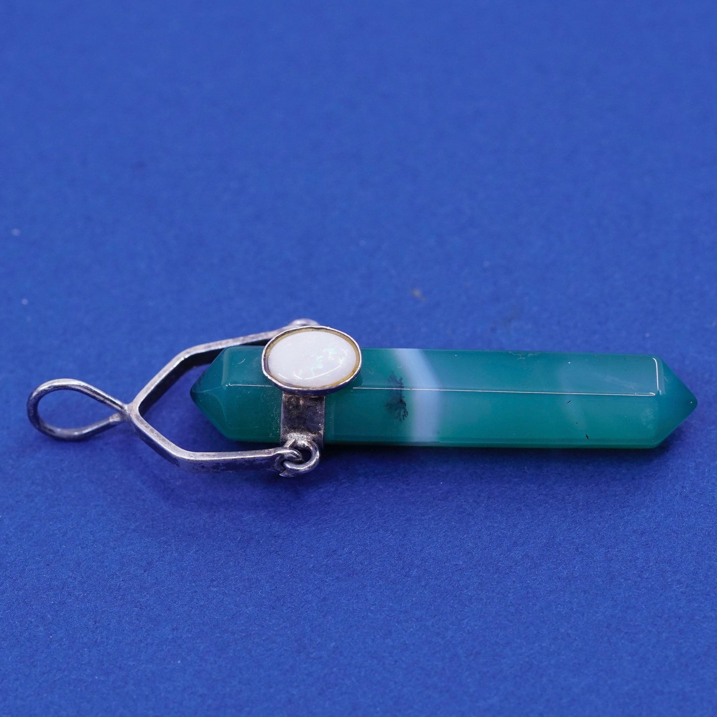 vtg handmade sterling silver charm, 925 healing crystal pendant Jade w/ opal