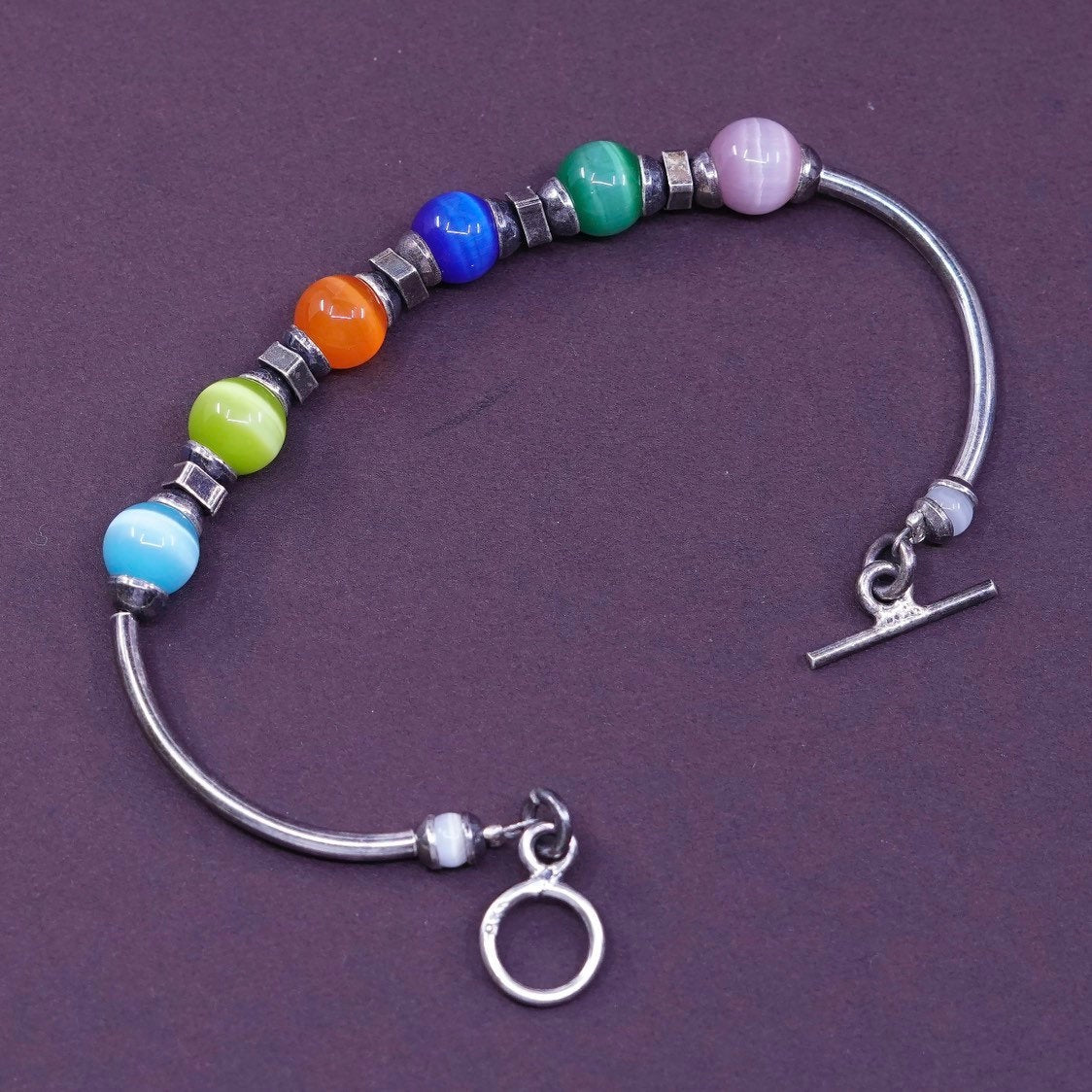 6.5”, Sterling silver handmade bracelet, 925 bangle w/ rainbow tiger eye beads