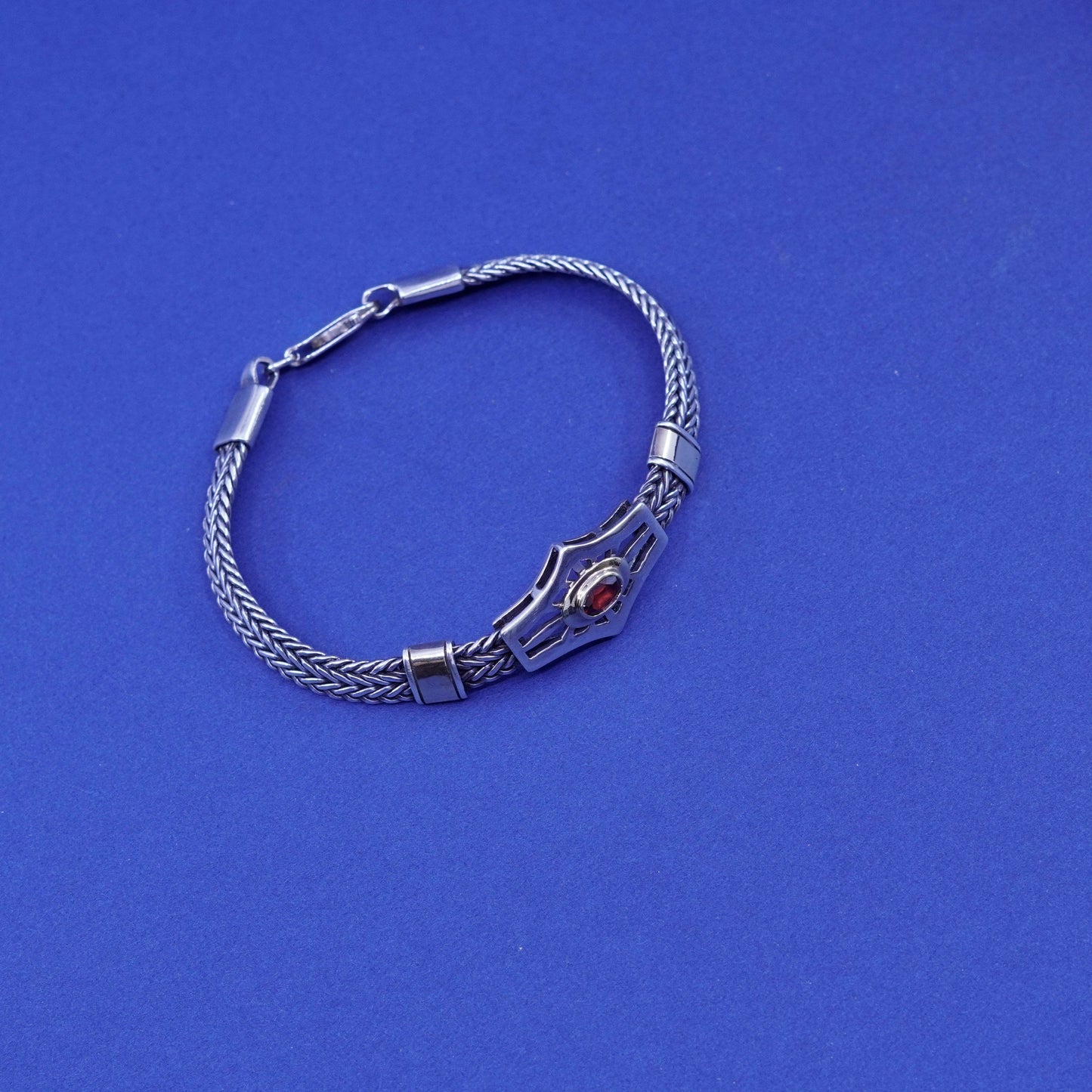 7”. vtg Sterling silver bracelet, 925 wheat chain 14K yellow gold accent ruby