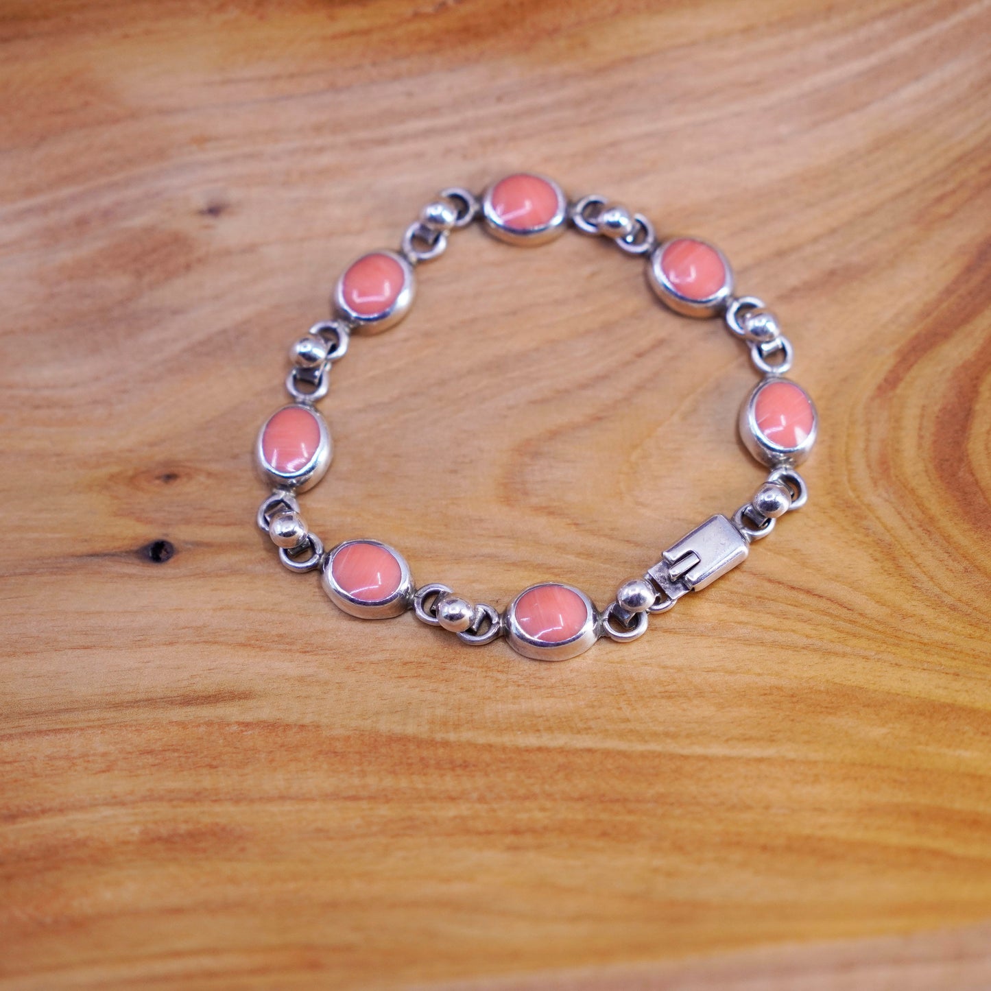 7.75”, vintage Sterling silver handmade bracelet, 925 chain with red agate