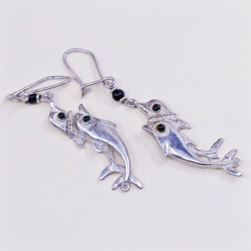 Vintage Sterling 925 Silver Handmade Dolphin Fish dangle earrings W/ Obsidian