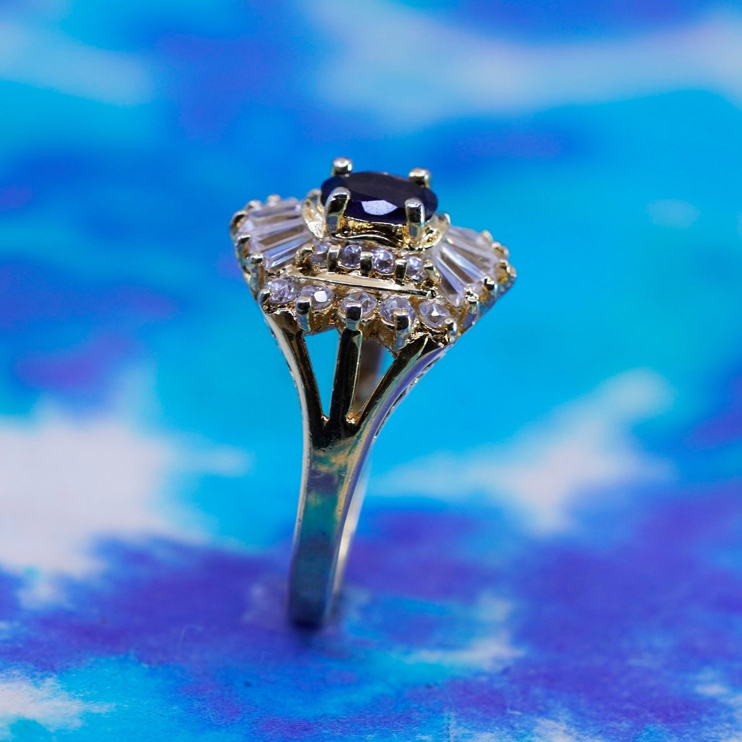Size 8, vintage vermeil gold over sterling 925 silver ring cluster cz sapphire