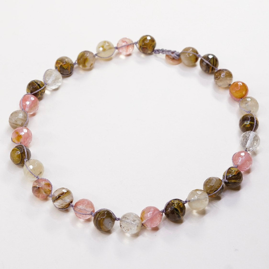 18”, vtg handmade Checker Cut agate quartz beads with linen thread necklace