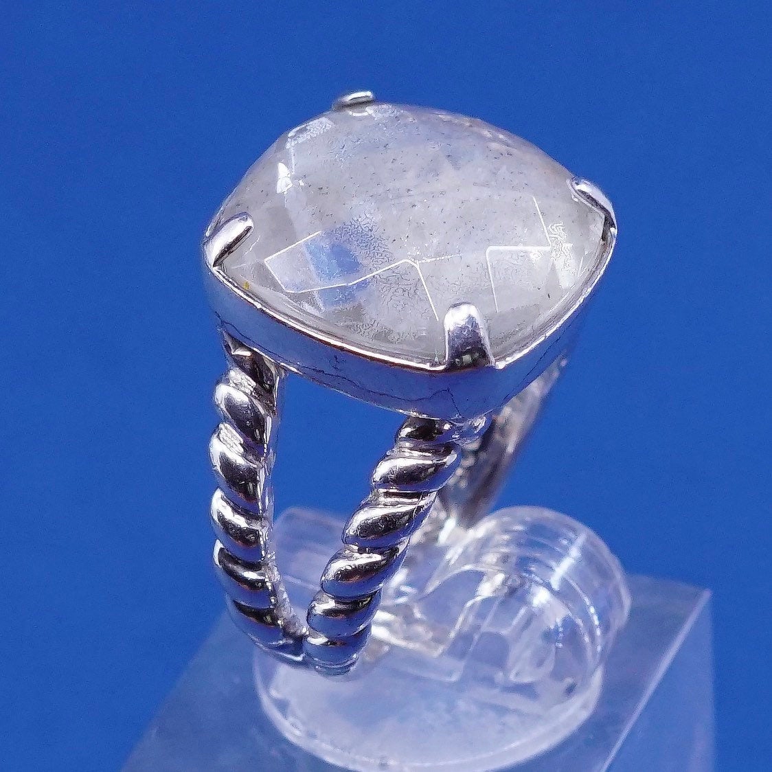 Size 6, vtg Sterling silver handmade ring, 925 w/ checker cut moonstone