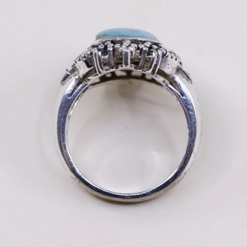 Sz 8, Vtg Sterling Silver Handmade Ring W/ Oval Turquoise N Beads, Stamped 925