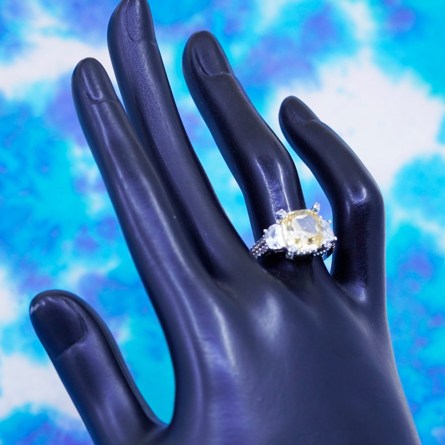 Size 8, vintage Platinum over Sterling 925 silver ring with citrine cluster cz