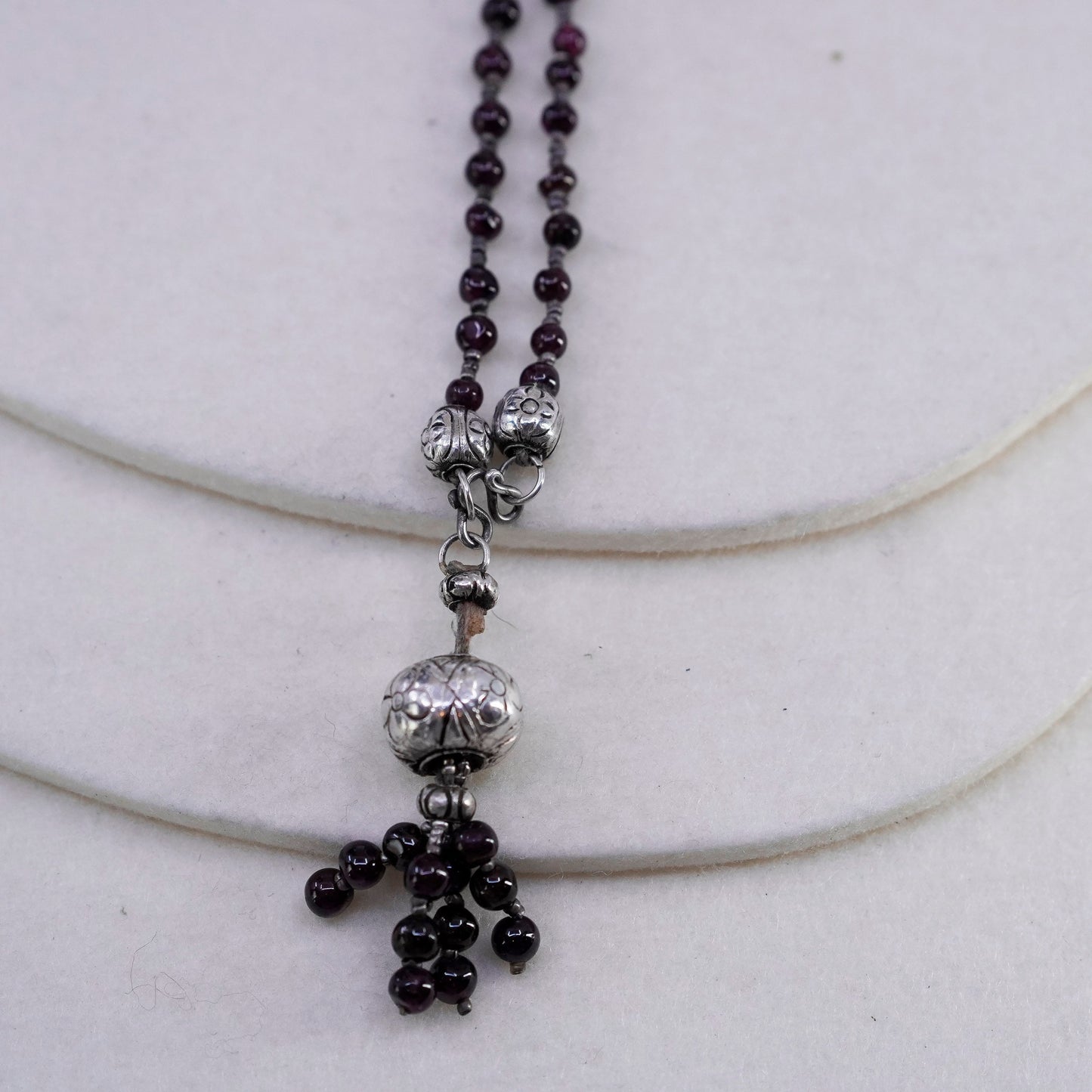 34”, vintage Sterling 925 silver handmade necklace with garnet beads pendant