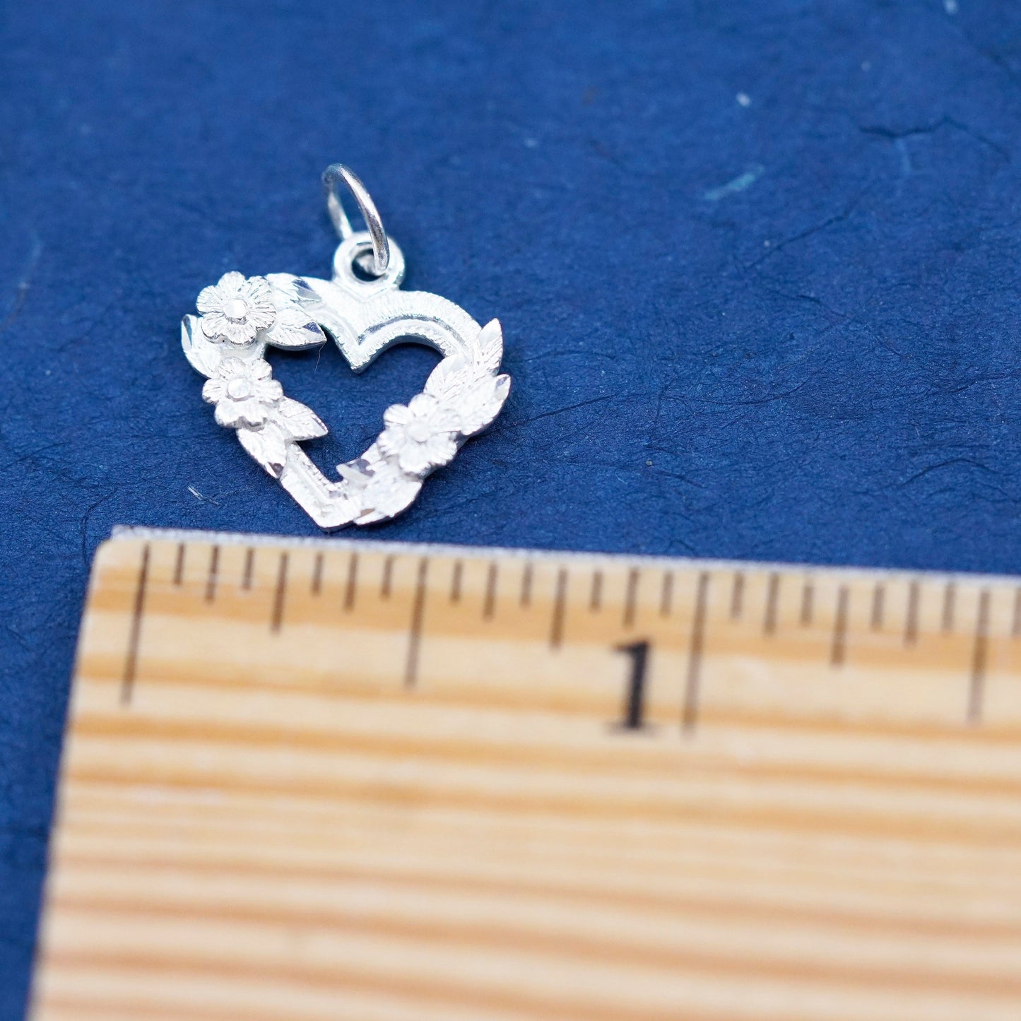Vintage sterling silver handmade pendant, 925 floral textured heart charm