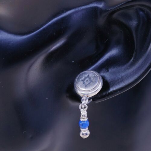 Vtg 925 Sterling Silver Handmade Earrings with Ancient Eye Embossed N Sodalite
