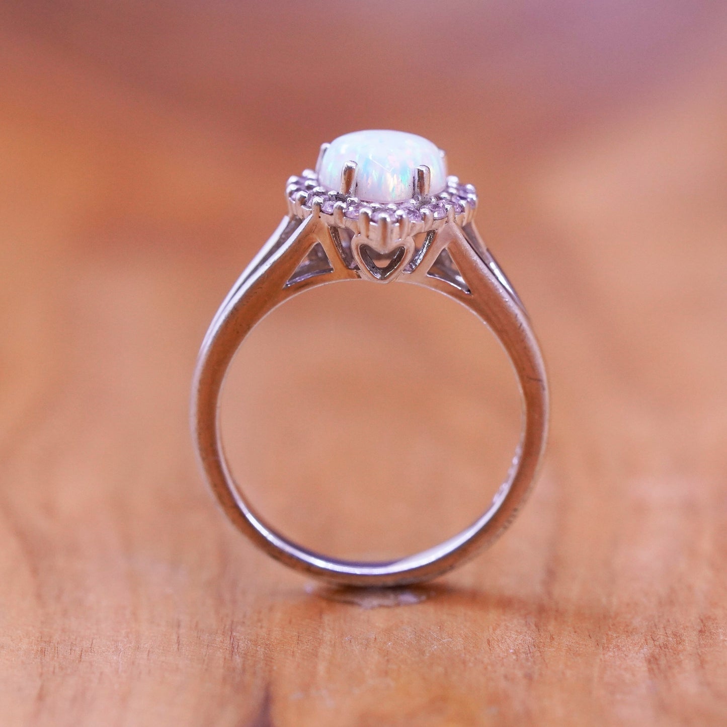 Size 7, vintage Sterling 925 silver handmade ring with heart opal and pink cz