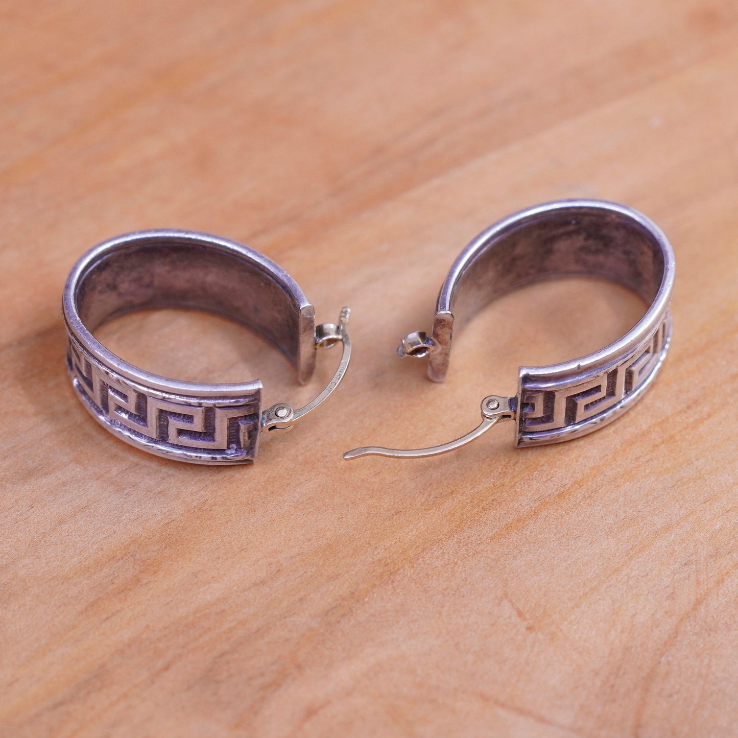 0.75”, Sterling silver handmade earrings 925 Greek key textured hoops 14K posts