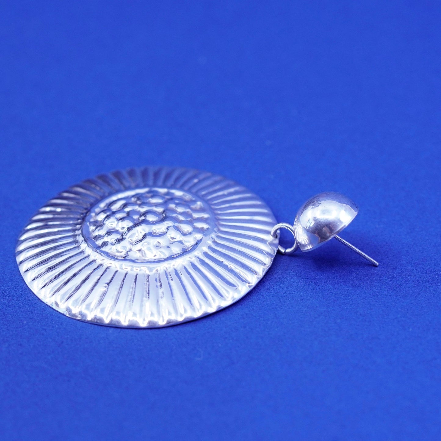 Vintage Sterling Silver handmade Earrings. Huge 925 ribbed circle disc