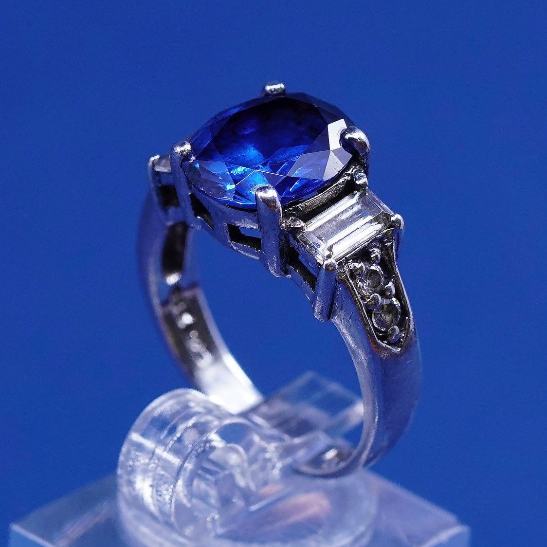 sz 7.25, vtg CSJ Sterling silver handmade ring, 925 w/ sapphire N crystal