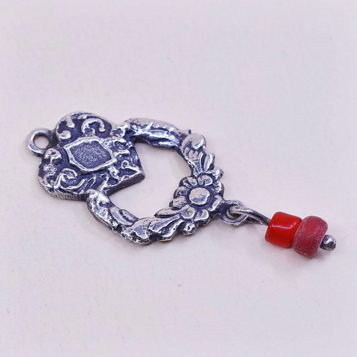 VTG handmade sterling silver charm, 925 heart pendant W/ coral, silver tested