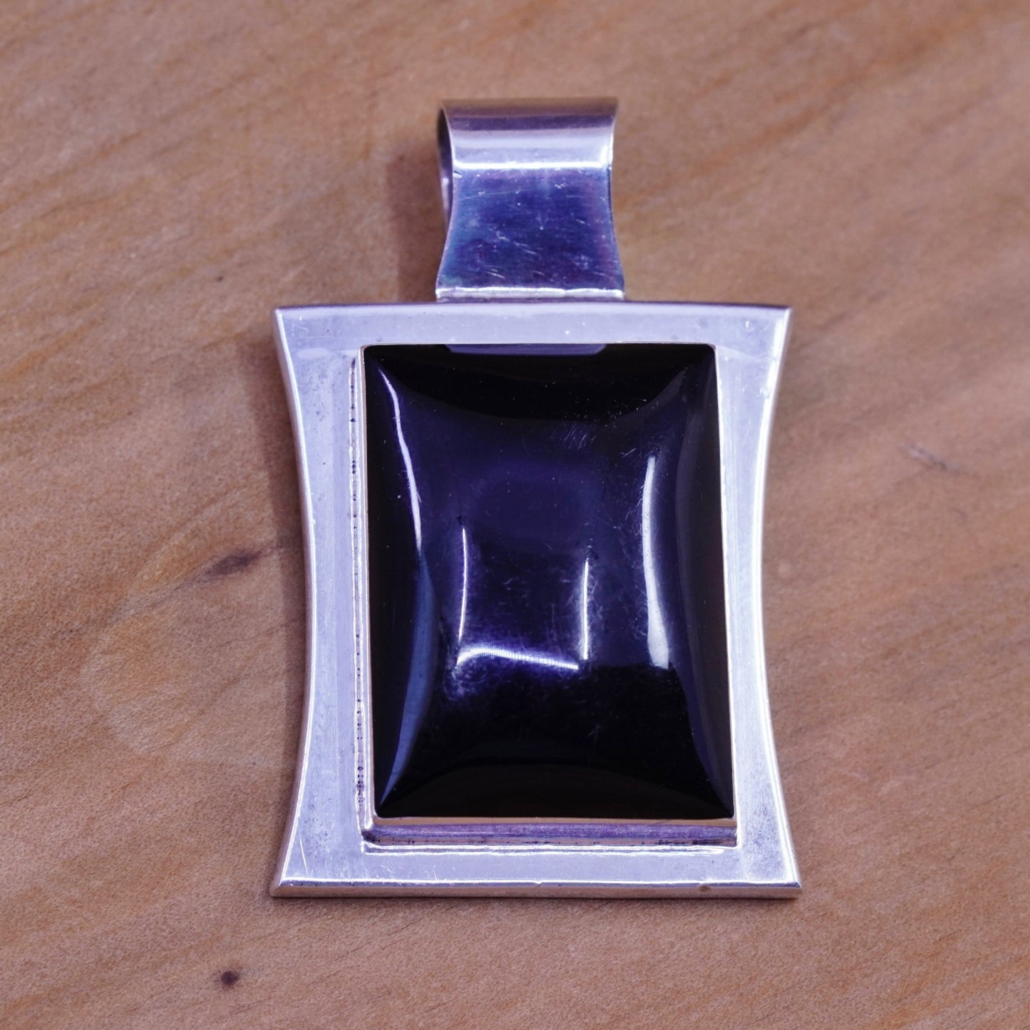 Vintage Sterling silver handmade pendant, Mexico 925 square obsidian, black onyx