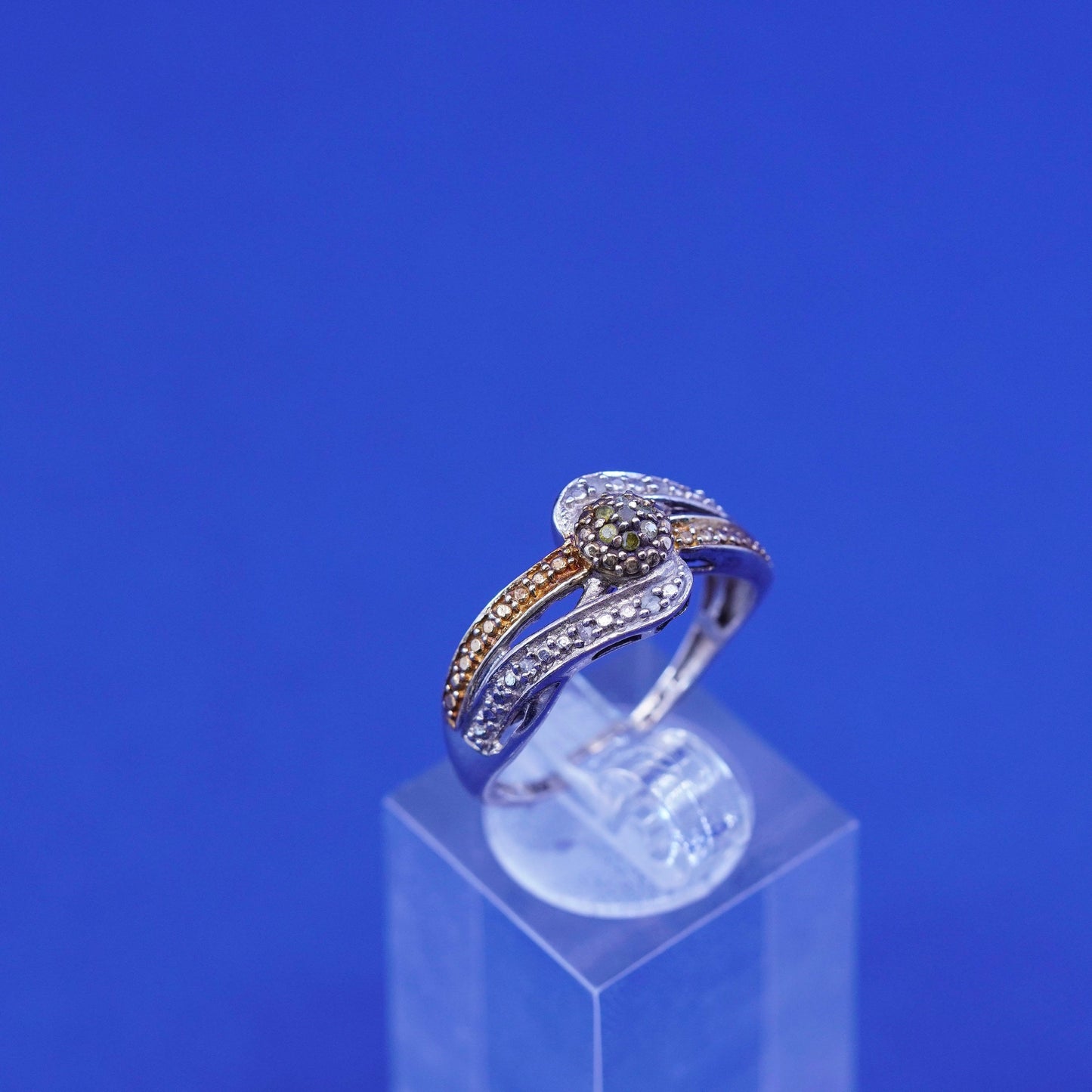 Size 8.25, vintage two tone rose gold accent, Sterling 925 silver ring diamond