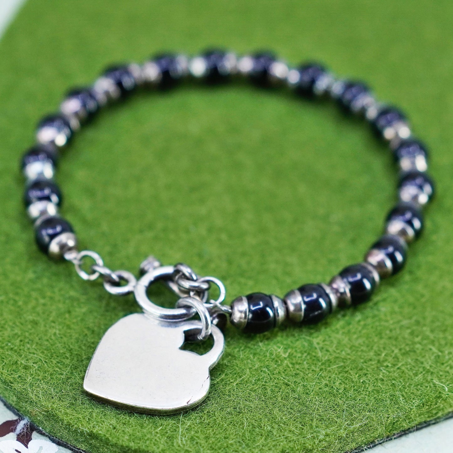 7”, Sterling 925 silver bracelet with obsidian bead chain and heart closure