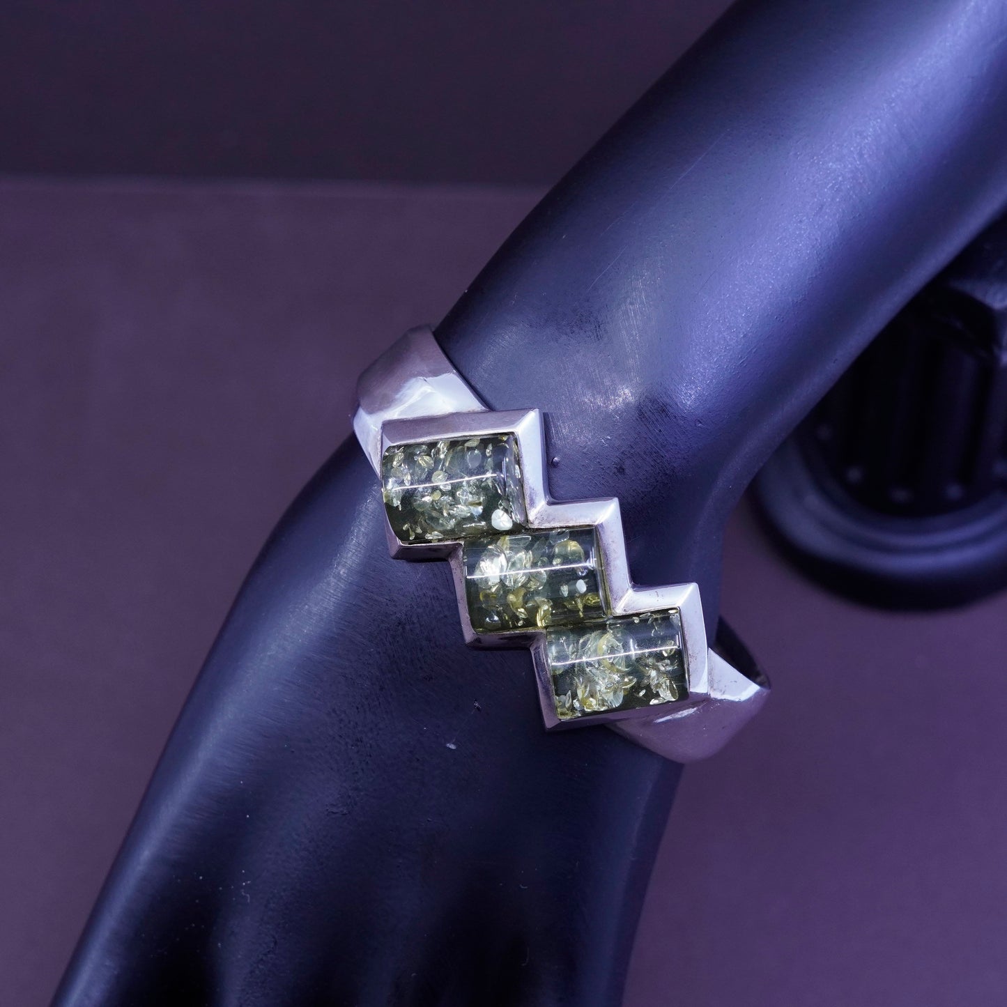6.5”, Sterling silver handmade bracelet, statement 925 cuff with green Amber