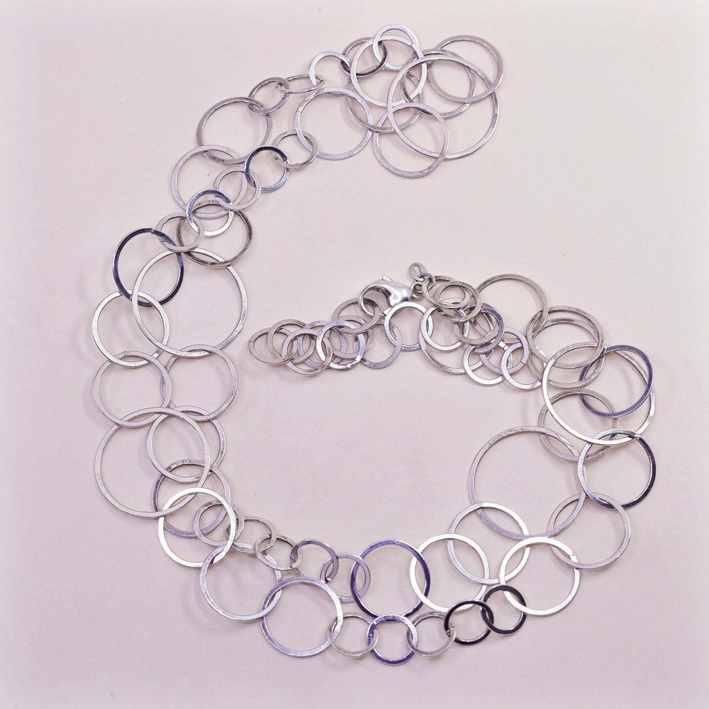 36”, vintage Sterling 925 silver flatten circle extra long necklace