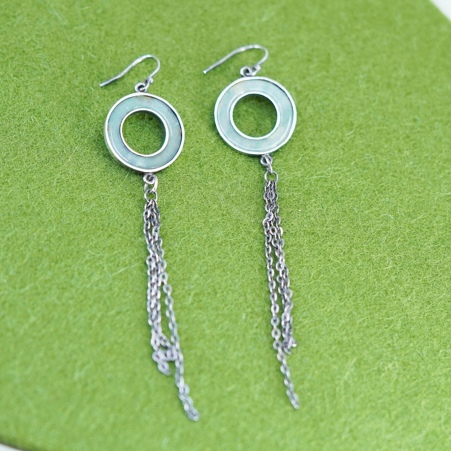 Vintage sterling silver 925 handmade earrings with jade and circle chain fringe