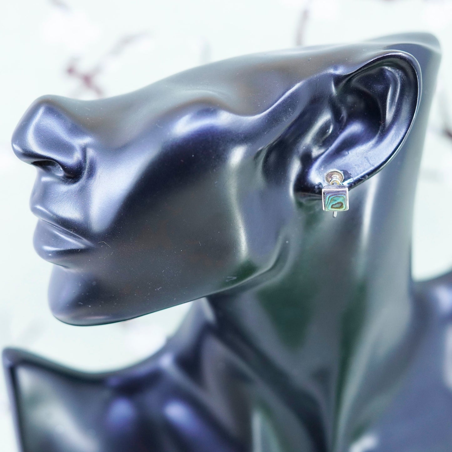 Vintage sterling 925 silver handmade screw back square earrings with abalone