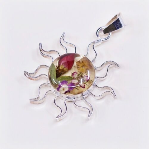Vintage Sterling Silver Handmade Pendant, 925 Silver With Resin Flower Sun