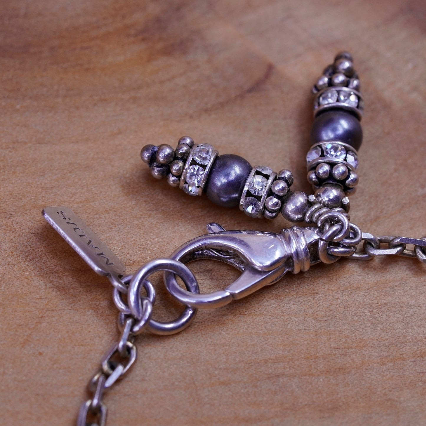 6.75”, Madis Sterling 925 silver beads bracelet with black pearl and crystal