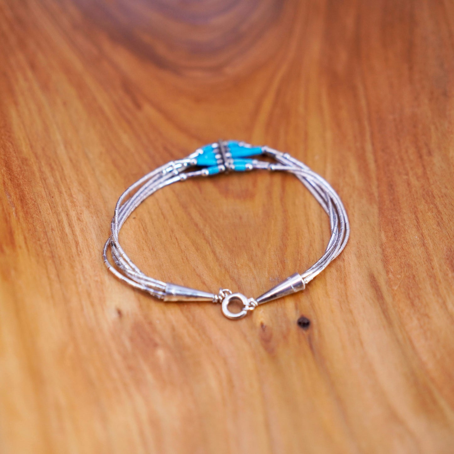 7”, 925 handmade bracelet, 5 multi strands liquid Silver chain with turquoise