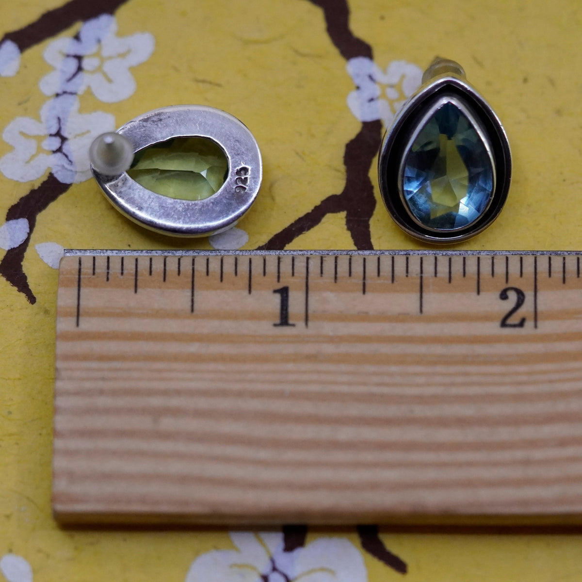 Vintage Sterling 925 silver handmade studs, teardrop topaz earrings