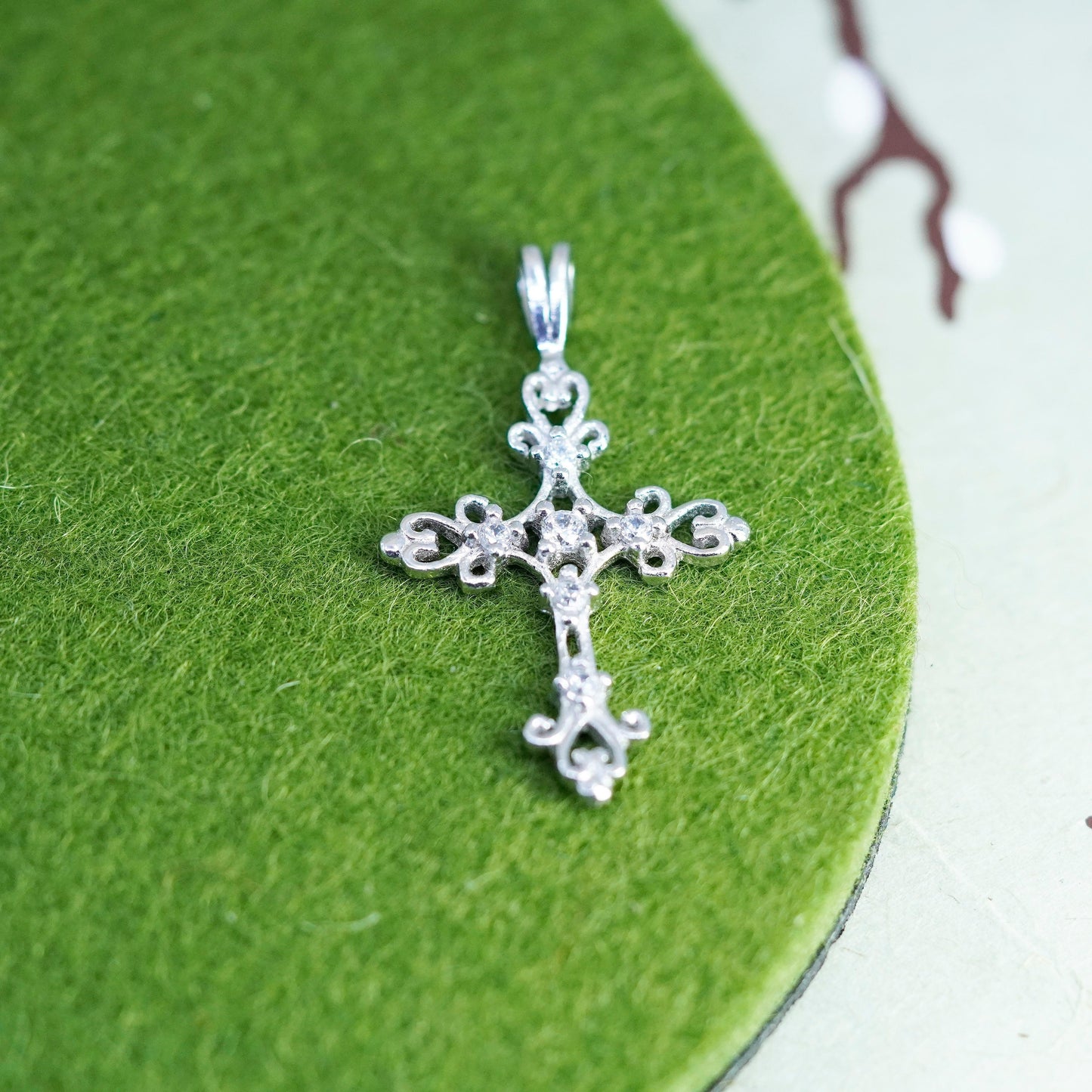 Vintage handmade Sterling silver pendant, 925 filigree cross with cz