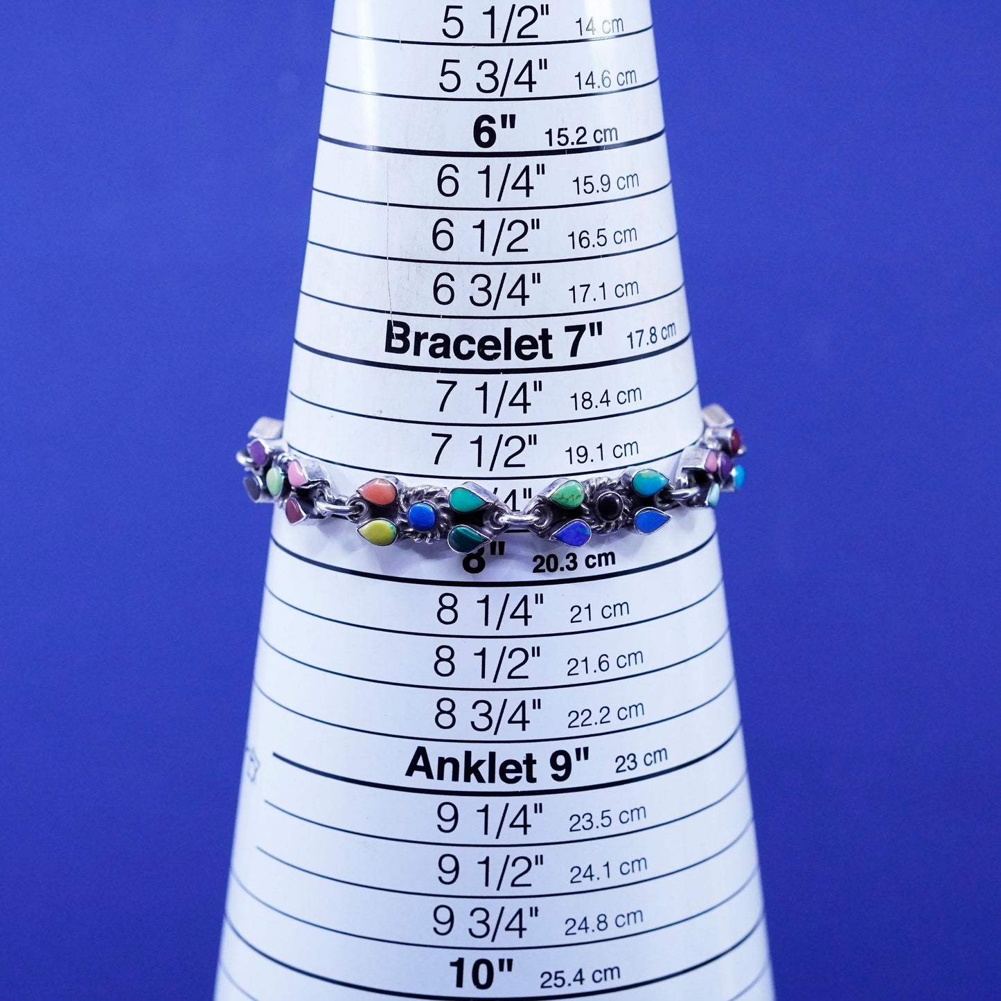 7.75”,vtg Mexico Sterling 925 silver bracelet turquoise malachite onyx lapis