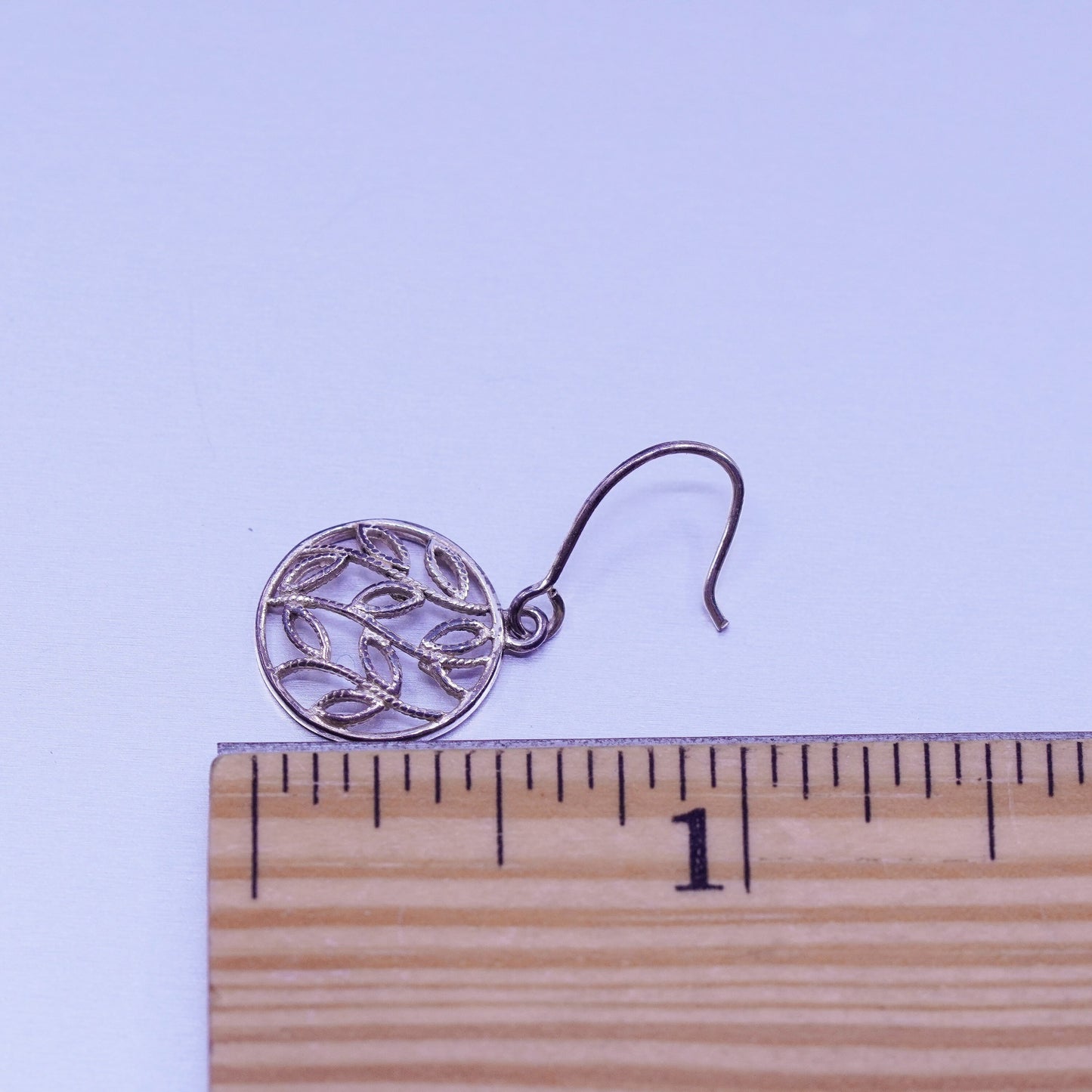 vintage Sterling silver handmade earrings, 925 circle dangles with leaves