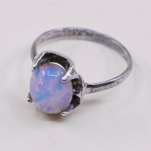 Sz 6, Vtg Sterling Silver Handmade Ring, 925 Silver Band W/ Artificial opal