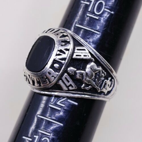 Sz 11.5, 1980s Sterling Silver Ring, 925 Brooklyn Center Statement W/ Obsidian