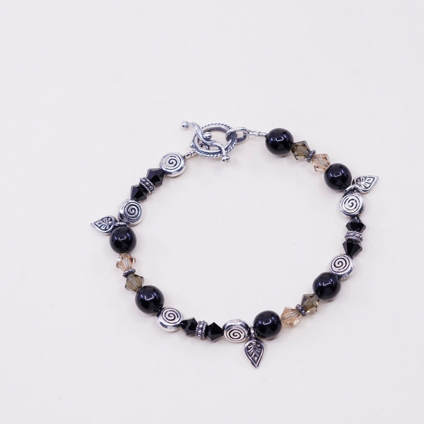 7”, Vintage Sterling silver bracelet, Mexico 925 beads w/ obsidian beads leaves