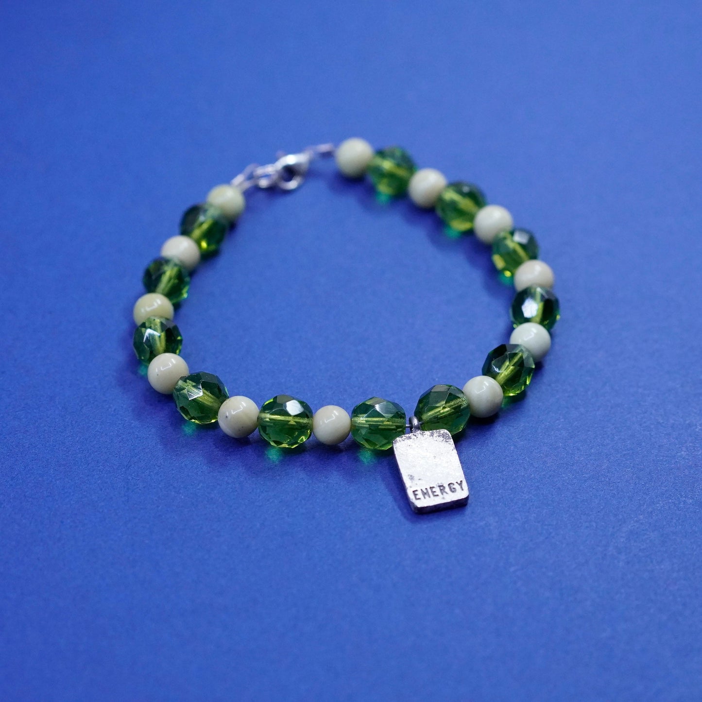 7”, sterling 925 silver handmade bracelet w/ green crystal beads energy charm