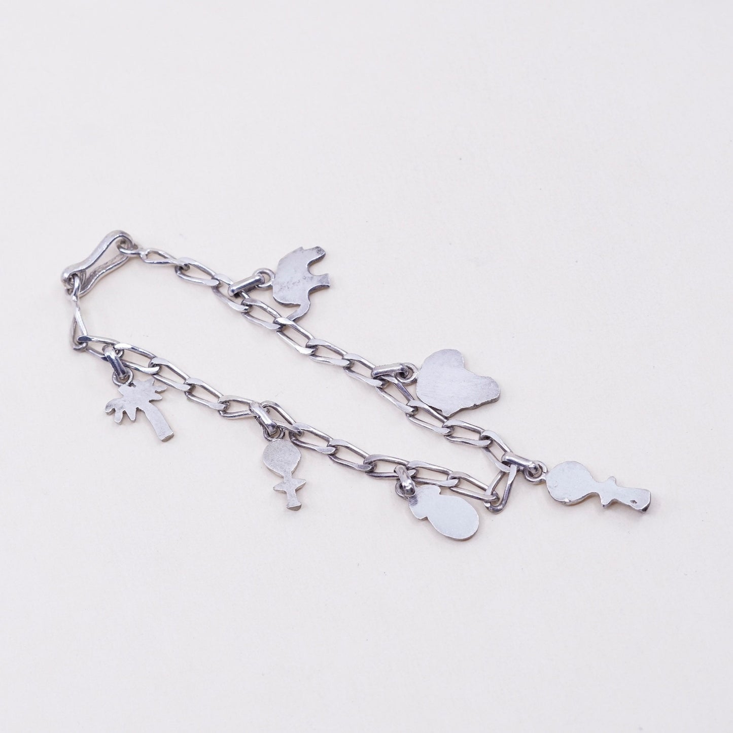7”,, sterling 925 silver curb bracelet w/ palm tree pineapple elephant charms
