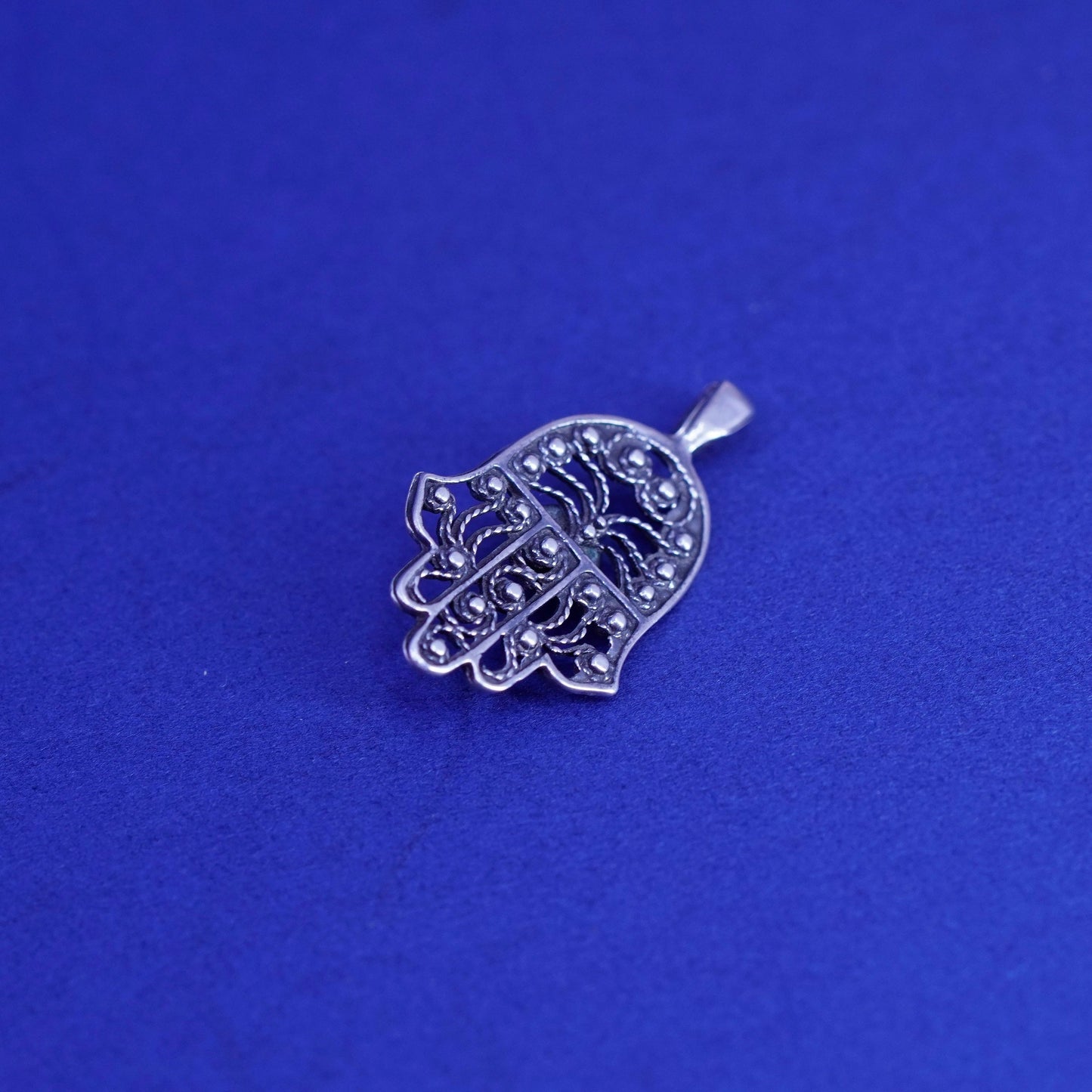 Vintage Sterling silver handmade pendant, 925 filigree hand with garnet