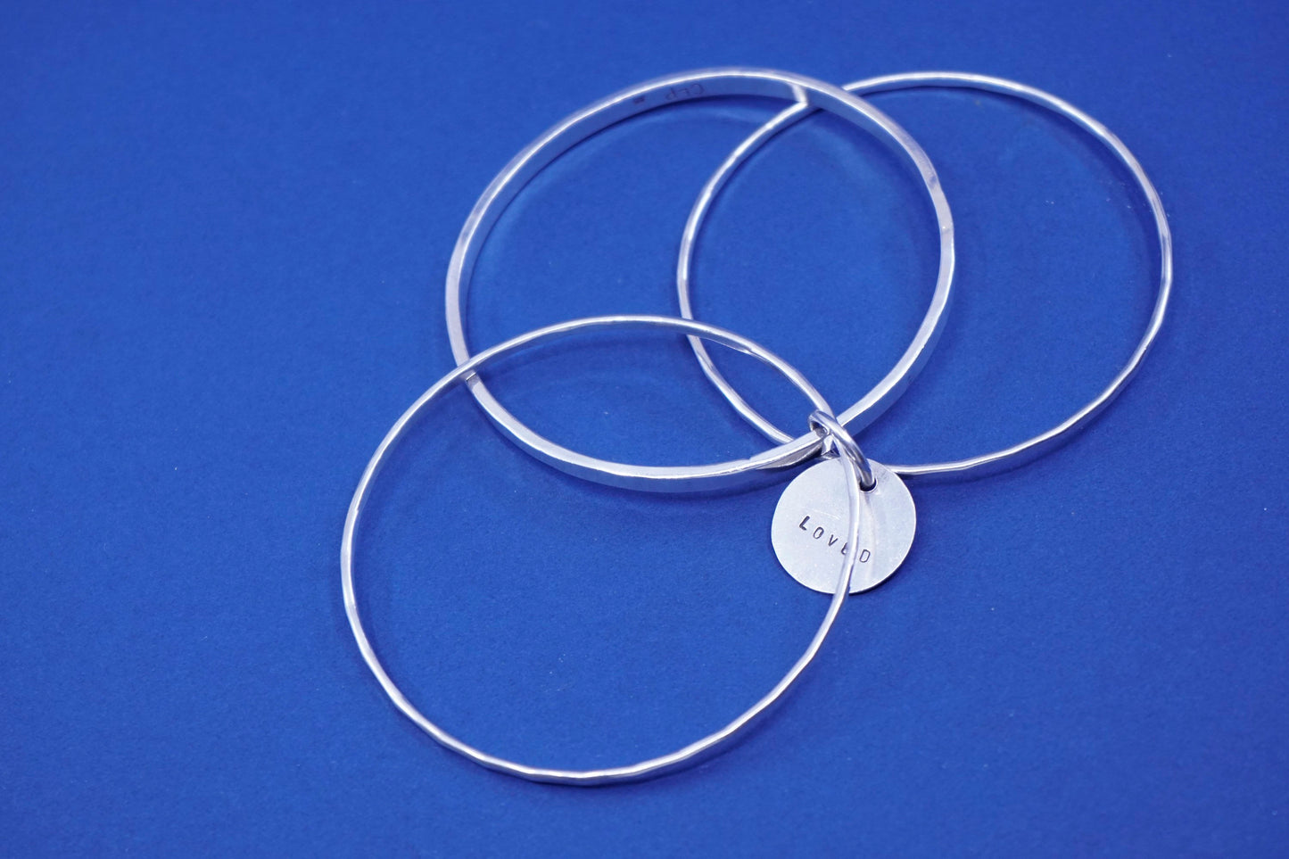 7.5”, CLP two tone sterling silver handmade bracelet, 925 bangle w/ heart charm