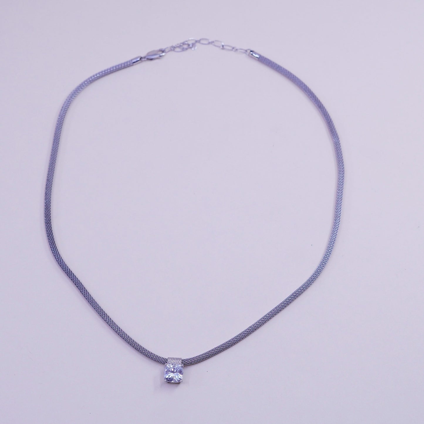 16”, vintage Italy Sterling silver necklace, 925 mesh chain with cz pendant