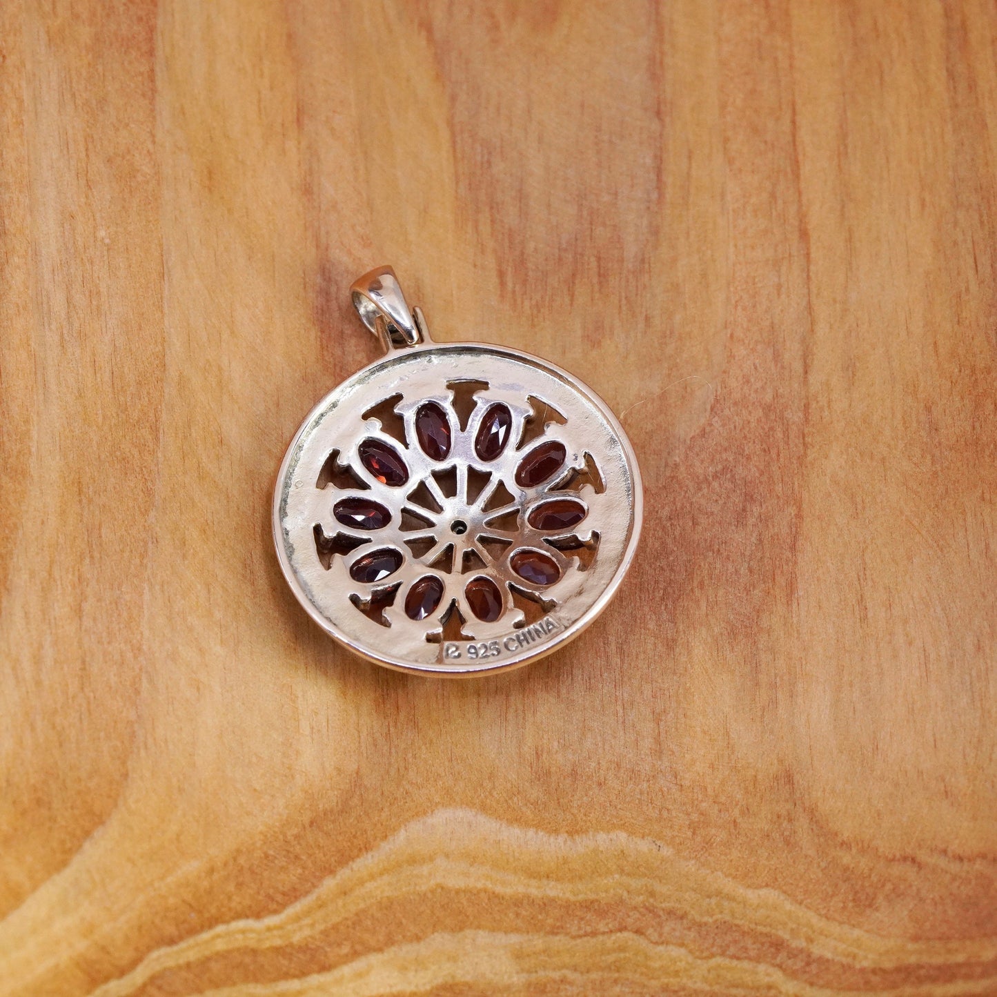 Vintage Sterling 925 silver handmade circle pendant with ruby and diamond