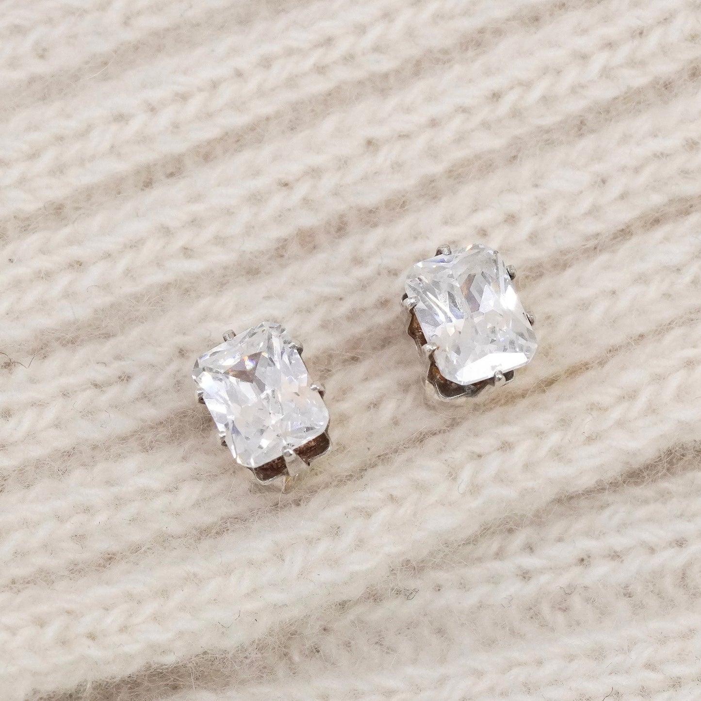 Vintage sterling silver square clear CZ studs, fashion minimalist earrings