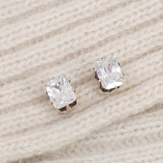 Vintage sterling silver square clear CZ studs, fashion minimalist earrings