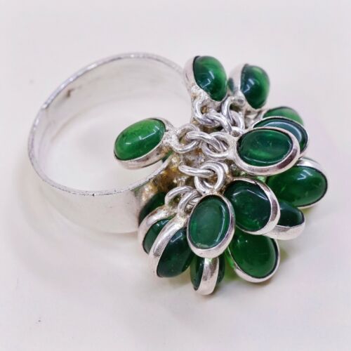 Sz 8.25, Vtg Sterling Silver Handmade Ring, 925 Flower W/ Green Cluster Glass