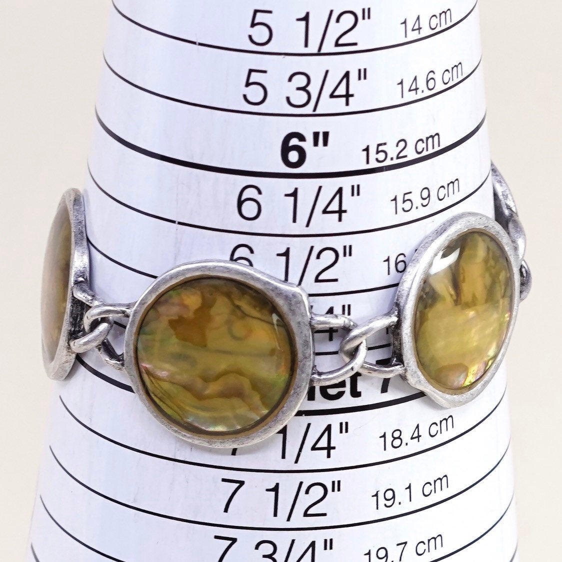 6.75”, VTG sterling silver handmade bracelet, 925 toggle closure w/ abalone