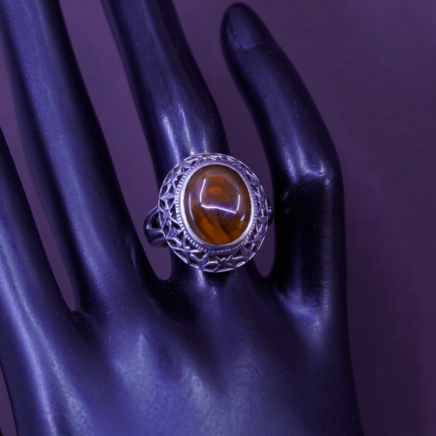 Size 6.25, vintage Sterling 925 silver handmade filigree ring with oval Amber